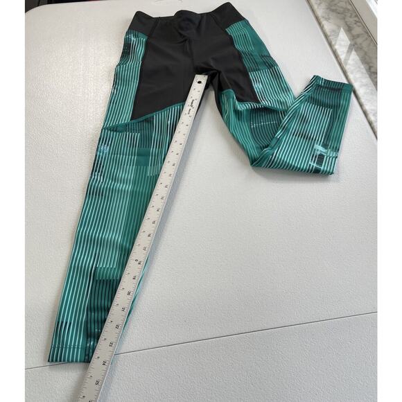 ASICS D1 Leggings Womens XS Athletic Side Pockets Black Green Stripes Activewear - Picture 10 of 11